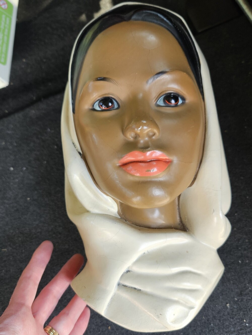Vintage 1950's Chalkware Bust with Cream Headscarf and Brown Complexion Marwal